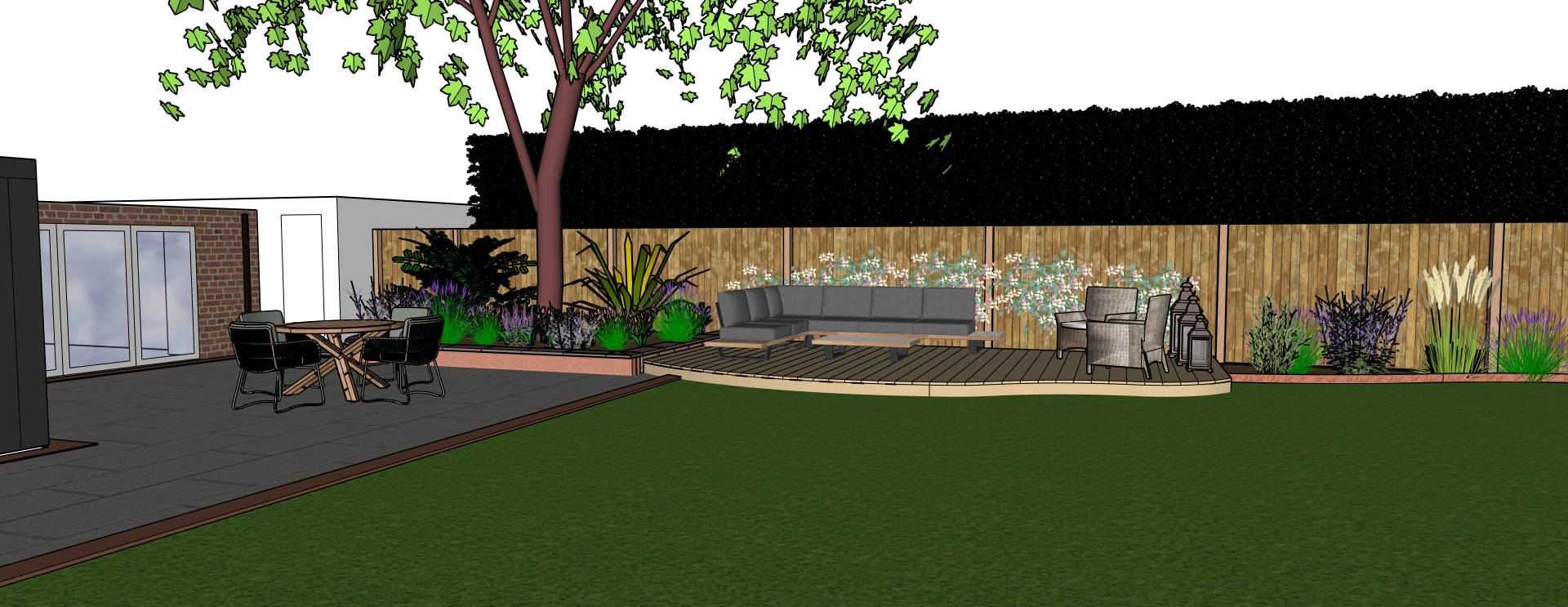 Large tree with seating beneath it on decking.