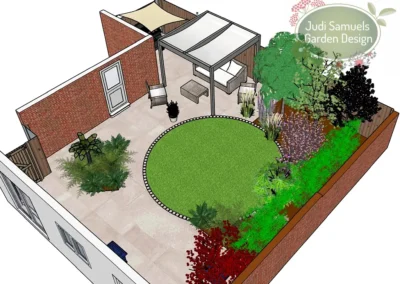 Round lawn with porcelain paving and edging setts.